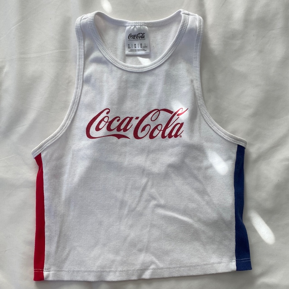 Forever 21 Size Small Coca-Cola Striped-trim Cropped Tank Top in White/Red